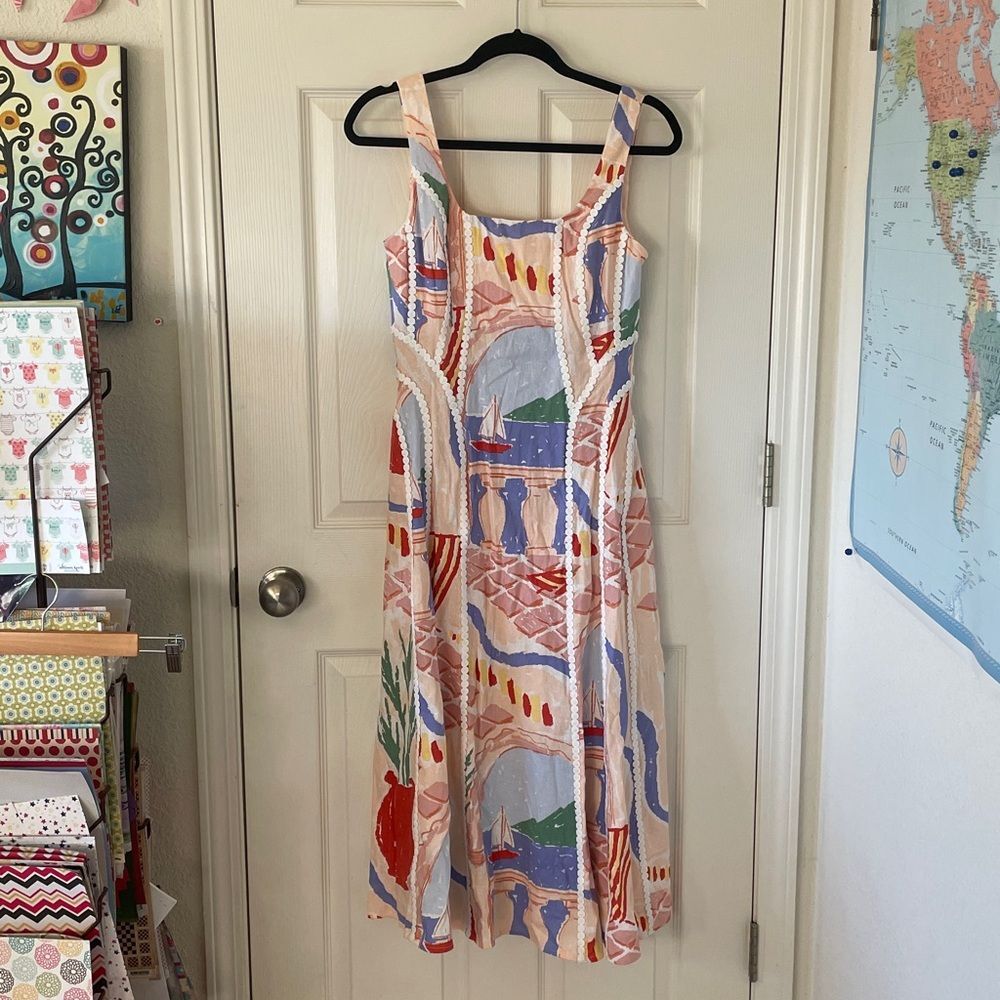 Christian Lacroix Linen Blend Midi Dress Costal Theme Vacation Size XS New - Picture 2 of 7